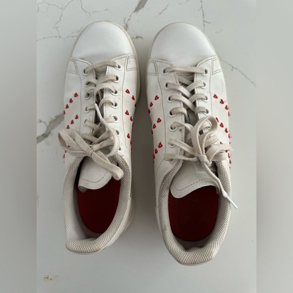 Adidas Stan Smith J Heart Valentines Day White Shoes With Red Hearts SIZE 7